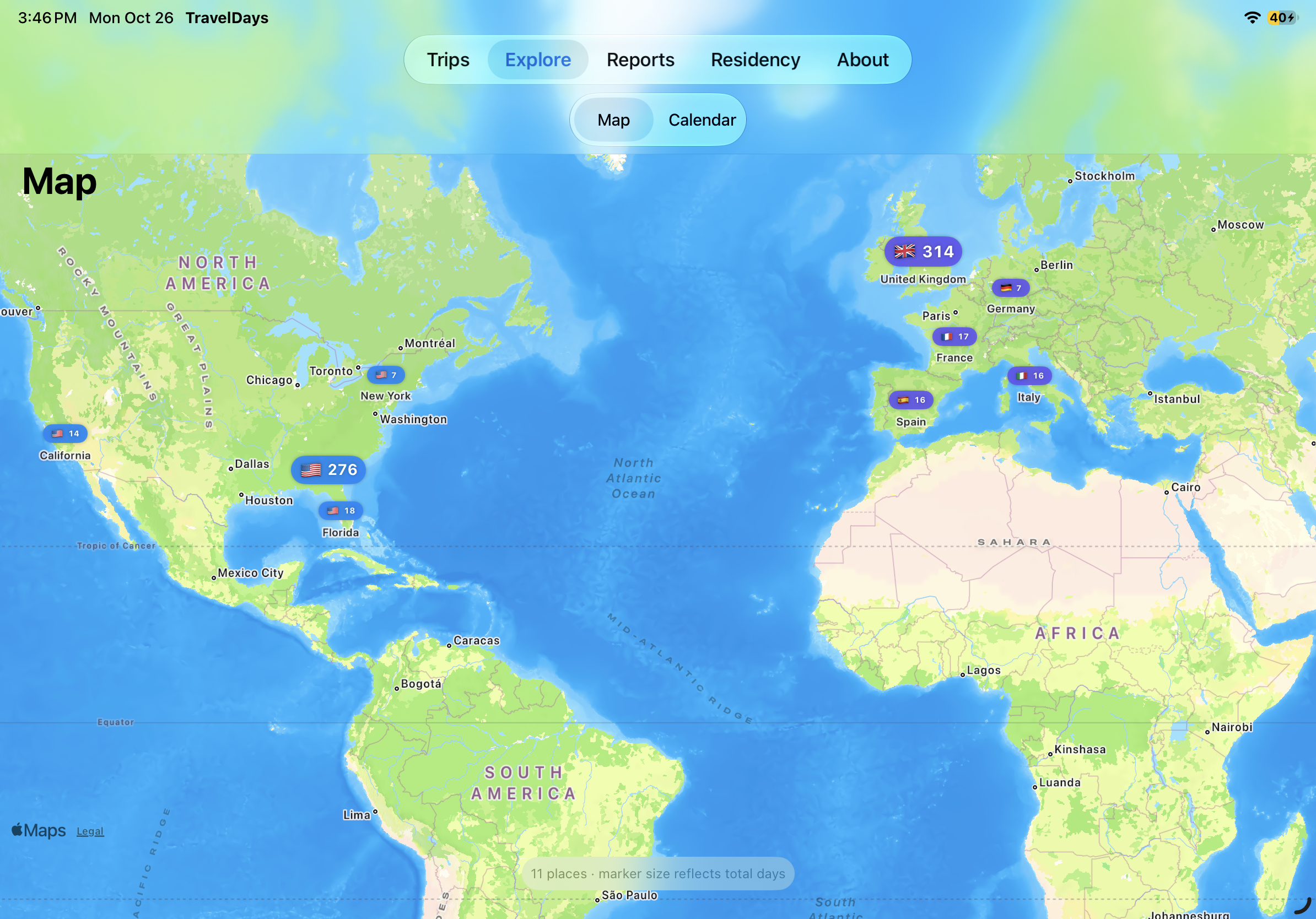 World map of places visited, on iPad