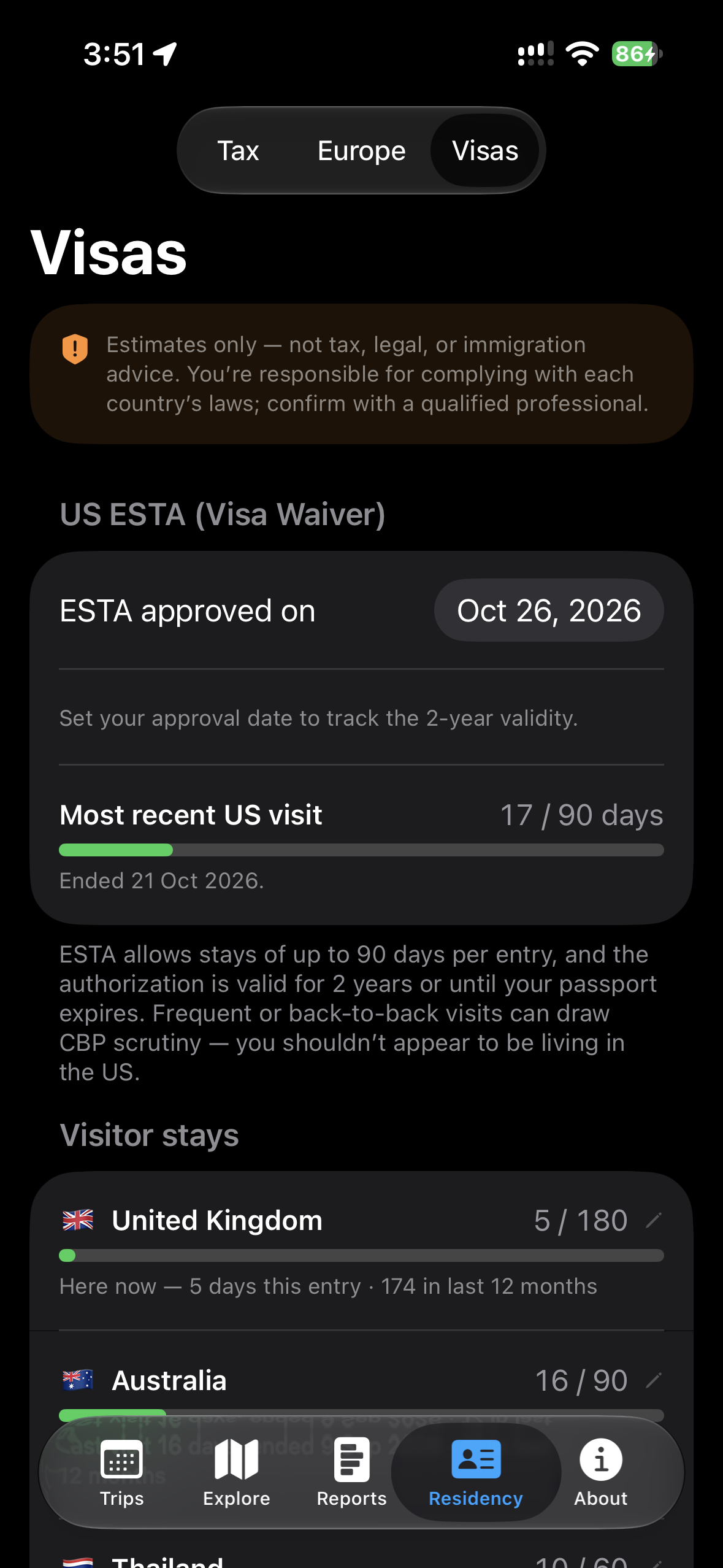 ESTA and visa tracker on iPhone